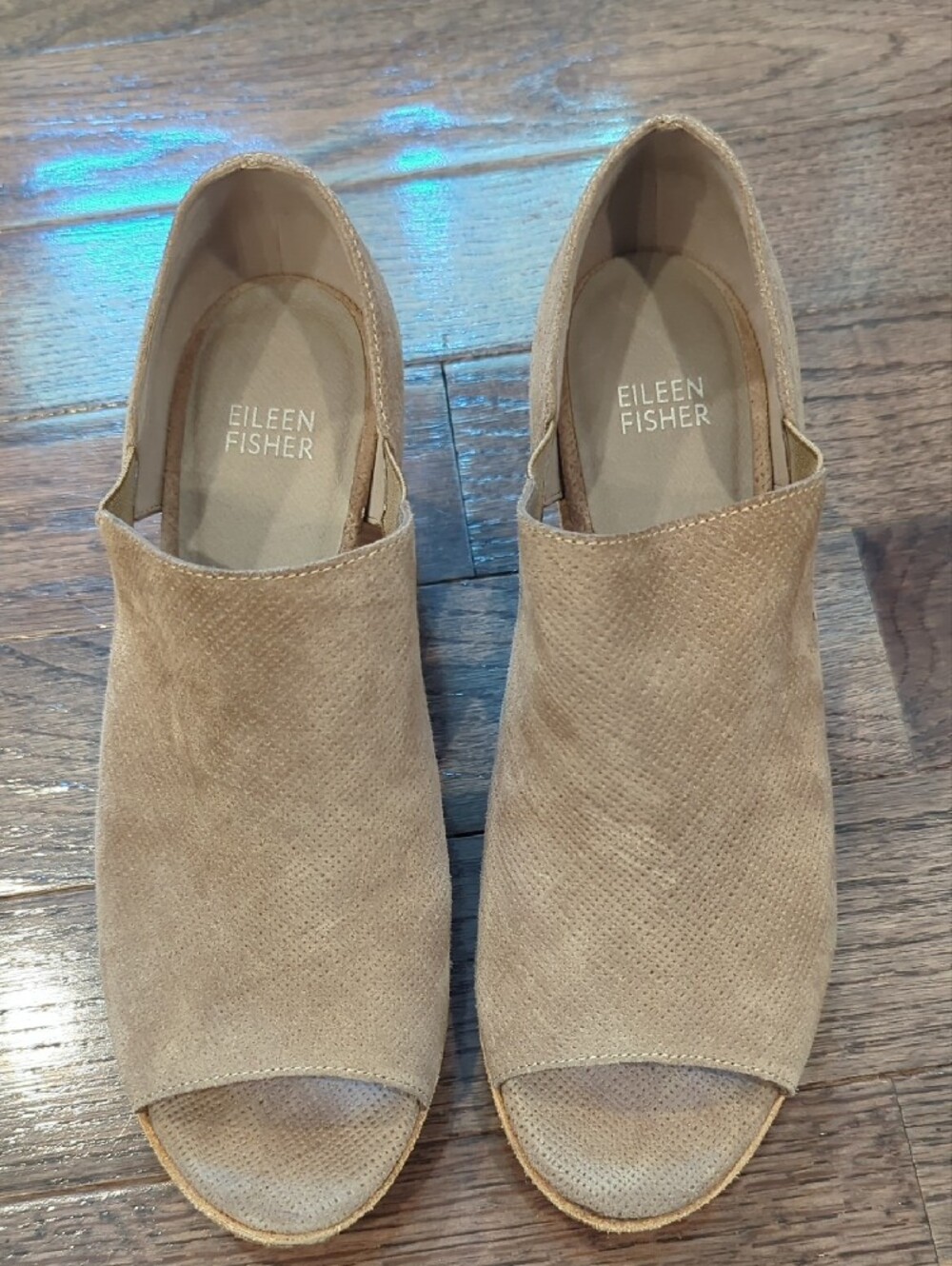 Eileen Fisher Taupe Open-Toe Block Heel‎ Booties - Picture 3 of 6